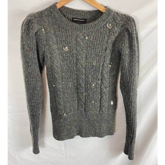 Something Navy Puff Sleeve Embellished Knit Sweater Grey Size XXS - Picture 1 of 6